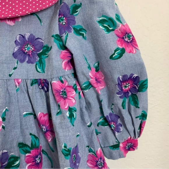 Vintage Toddler Girl Floral Polka Dot Dress 3T Big Collar Chambray 80s Cute Pink - Picture 12 of 14
